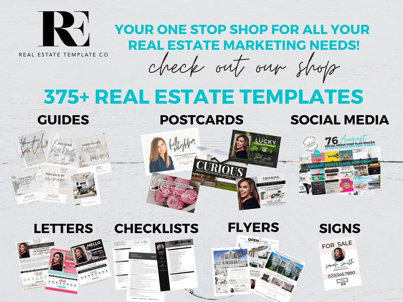 K&ouml;nnte beinhalten: Eine Collage von Bildern, die &uuml;ber 375 Immobilienvorlagen f&uuml;r Leitf&auml;den, Postkarten, soziale Medien, Briefe, Checklisten, Flyer und Schilder zeigt. Der Text "YOUR ONE STOP SHOP FOR ALL YOUR REAL ESTATE MARKETING NEEDS! check out our shop" befindet sich oben im Bild.