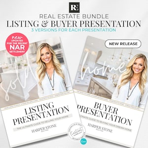 May include: A real estate bundle with listing and buyer presentation templates. The image features two brochures with a woman's photo, the words "Listing Presentation" and "Buyer Presentation", and the text "New Release".