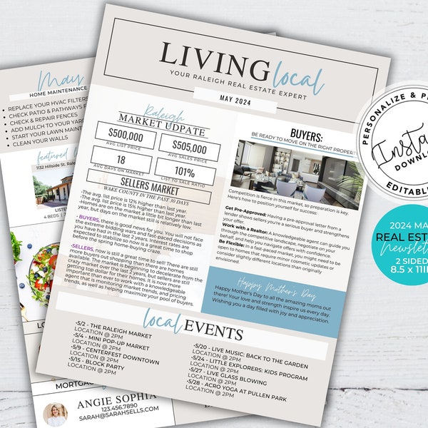 Real Estate Newsletter Template, Real Estate Marketing, Realtor Newsletter, Real Estate Flyer, Real Estate Printable, Canva Template, May 24