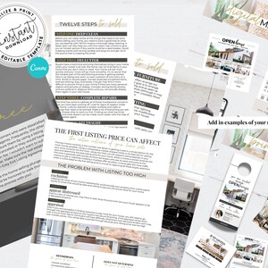 May include: A collage of marketing materials for real estate agents. The images include a flyer with the text "Twelve Steps to Sold", a flyer with the text "The First Listing Price Can Affect the Return on Your Sale", a flyer with the text "Open House", and a flyer with the text "Just Listed".