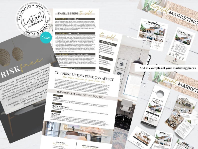 May include: A collage of marketing materials for real estate agents. The images include a flyer with the text "Twelve Steps to Sold", a flyer with the text "The First Listing Price Can Affect the Return on Your Sale", a flyer with the text "Open House", and a flyer with the text "Just Listed".