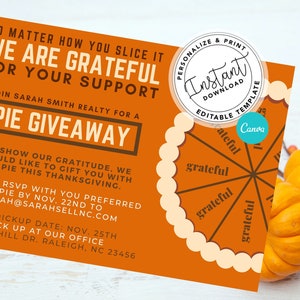 Real Estate Pie Giveaway, Real Estate Thanksgiving Template, Agent Thanksgiving,  Real estate marketing, Editable, Canva, Instant Download