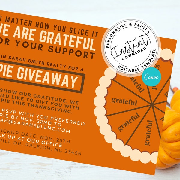 Real Estate Pie Giveaway, Real Estate Thanksgiving Template, Realtor Thanksgiving,  Real estate marketing, Editable, Canva, Instant Download