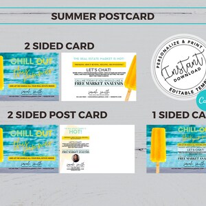 Op de afbeelding: Een aanpasbare vastgoedpostkaarttemplate met een gele ijslolly op een blauw-wit gestreepte achtergrond. De tekst op de postkaart zegt "Chill Out This Summer" en "Let's Chat!" met een call-to-action om te bellen voor een gratis marktanalyse. De postkaart is ontworpen om te worden gepersonaliseerd en afgedrukt met Canva.