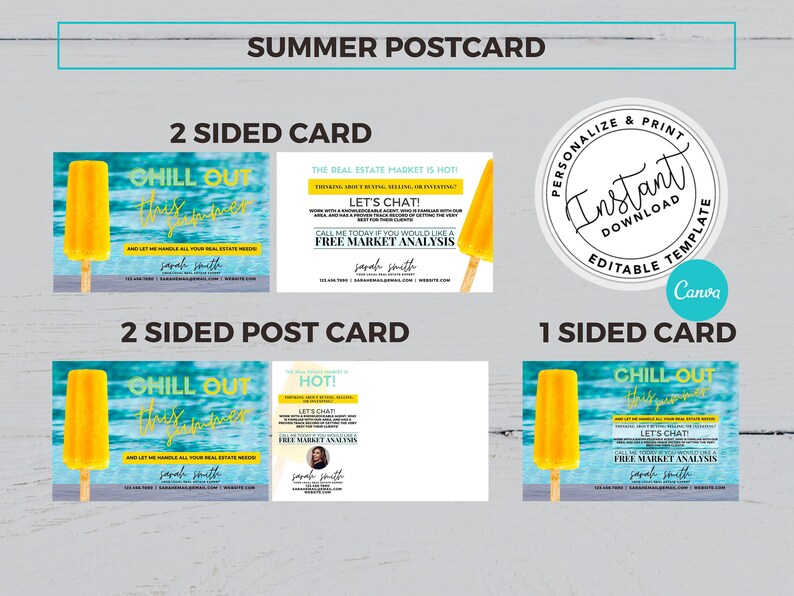 Op de afbeelding: Een aanpasbare vastgoedpostkaarttemplate met een gele ijslolly op een blauw-wit gestreepte achtergrond. De tekst op de postkaart zegt "Chill Out This Summer" en "Let's Chat!" met een call-to-action om te bellen voor een gratis marktanalyse. De postkaart is ontworpen om te worden gepersonaliseerd en afgedrukt met Canva.