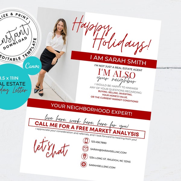 Realtor Holiday Letter, Real Estate Marketing, Hello Neighbor Letter, Farming Letter, Canva, Real Estate Template, Realtor Marketing, Pop By