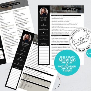 May include: A black and white printable checklist for real estate moving and notification. The checklist is divided into three sections: 1-3 months before move, 4 weeks before move, and 1-2 weeks before move. The checklist includes tasks such as planning your moving method, scheduling disconnections, and packing non-essential items. The checklist also includes a section for important contacts. The checklist is personalized with a real estate agent's name and contact information.
