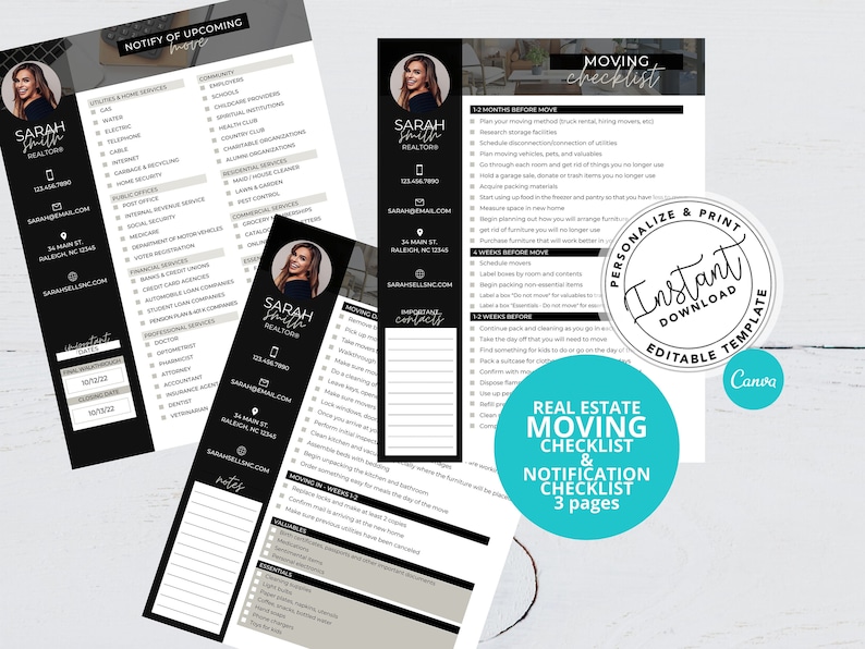 May include: A black and white printable checklist for real estate moving and notification. The checklist is divided into three sections: 1-3 months before move, 4 weeks before move, and 1-2 weeks before move. The checklist includes tasks such as planning your moving method, scheduling disconnections, and packing non-essential items. The checklist also includes a section for important contacts. The checklist is personalized with a real estate agent's name and contact information.