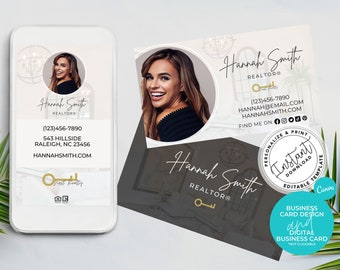 Real Estate Business Card & Digital Business Card Template Bundle, Editable Agent Business Card, Canva Template, PDF, Branding, Grace