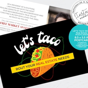 Let's Taco Bout Real Estate Postcard, Real Estate Marketing, Hello Neighbor, Mailer, Agent Farming, Canva Template, Market Analysis, May 5