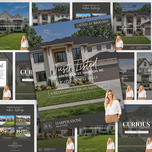 May include: A real estate marketing flyer featuring a two-story house with a white exterior, dark roof, and green lawn. Text reads: Just Listed, 13246 Aberdeen St. Raleigh, NC, Located in Nell Hills, 4 Bedrooms 4 Baths 4,000 Sqft, Harper Stone Realtor.