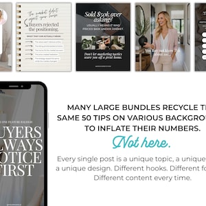 May include: A collection of social media posts with real estate advice. The posts feature text on various backgrounds, including a notebook, a phone screen, and a black background. The text includes phrases like "Buyers Always Notice First" and "Sold $50k over asking?"