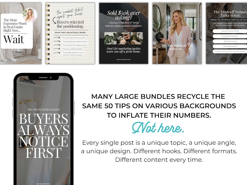May include: A collection of social media posts with real estate advice. The posts feature text on various backgrounds, including a notebook, a phone screen, and a black background. The text includes phrases like "Buyers Always Notice First" and "Sold $50k over asking?"