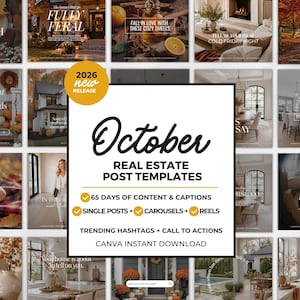 Peut inclure: Une collection numérique de modèles de publications immobilières pour octobre 2026. Le carré blanc central affiche le texte noir October Real Estate Post Templates, 65 days of content et des options de téléchargement Canva.