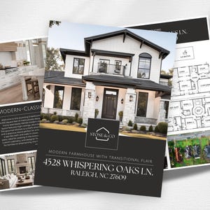 Puede incluir: Una pila de materiales promocionales con una casa de campo moderna. La imagen principal muestra el exterior de la casa, con una combinación de colores en blanco y negro. El texto incluye "STONE & CO" y la dirección "4528 WHISPERING OAKS LN."