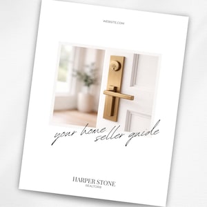 May include: A white brochure with the text "your home seller guide" in cursive script. The brochure features a photo of a gold door handle and lock on a white door. The website address is at the top, and the realtor's name is at the bottom.