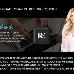 May include: An advertisement with a woman in a pink blazer and white shirt. Text includes "Download Today. Be Posting Tonight." and "That is it." with a list of benefits. Instructions are provided for using Canva.