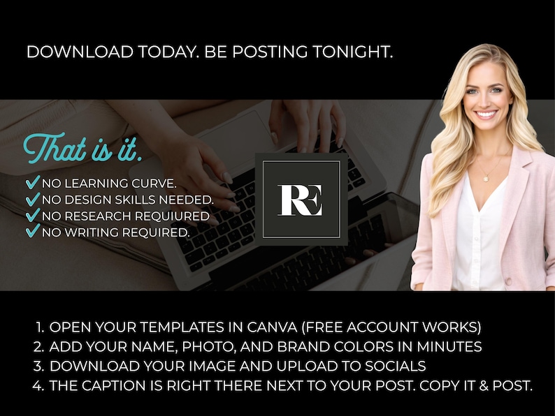 May include: An advertisement with a woman in a pink blazer and white shirt. Text includes "Download Today. Be Posting Tonight." and "That is it." with a list of benefits. Instructions are provided for using Canva.