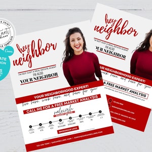Real Estate Letter, Red Real estate Agent Hey Neighbor Flyer, Agent Farming Mailer, Agent Flyer, Real estate marketing, Canva template
