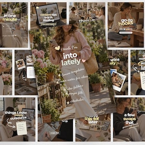 May include: A digital collage of social media templates featuring a central image of a person in a pink sweater holding a phone, surrounded by various lifestyle scenes, text overlays like 5 tools I'm into lately, and business tips.