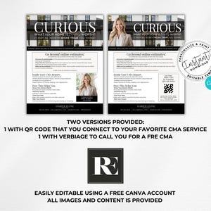 K&ouml;nnte beinhalten: Ein schwarzer und wei&szlig;er Immobilien-Flyer mit dem Text "Curious What Your Home Is Worth?" und einem QR-Code. Der Flyer enth&auml;lt auch ein Foto einer Frau und den Text "Go beyond online estimates!" und "Inside Your CMA Report".