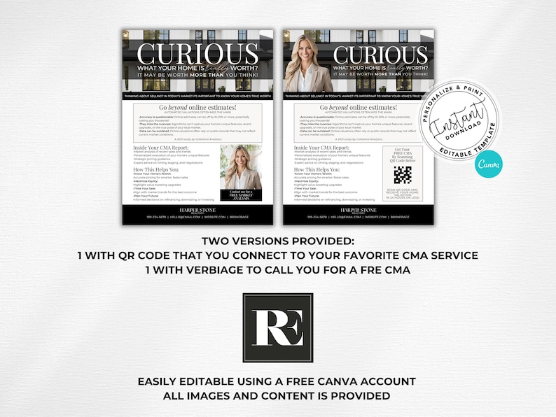 K&ouml;nnte beinhalten: Ein schwarzer und wei&szlig;er Immobilien-Flyer mit dem Text "Curious What Your Home Is Worth?" und einem QR-Code. Der Flyer enth&auml;lt auch ein Foto einer Frau und den Text "Go beyond online estimates!" und "Inside Your CMA Report".
