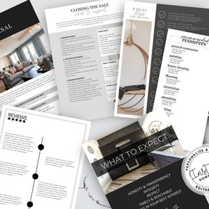 May include: A set of printable real estate closing documents for sellers. The documents include information about the closing process, recommended resources, and what to expect from the real estate agent. The documents are designed to be personalized and printed using Canva.