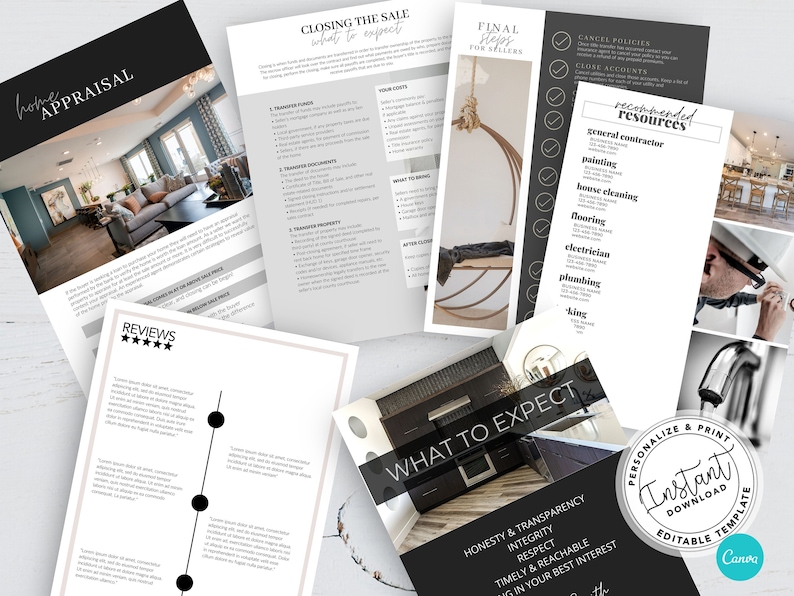 May include: A set of printable real estate closing documents for sellers. The documents include information about the closing process, recommended resources, and what to expect from the real estate agent. The documents are designed to be personalized and printed using Canva.
