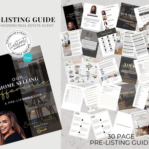 May include: A 30-page pre-listing guide for real estate agents, featuring a black and gold cover with the text "Our Home Selling Difference" and a photo of a woman. The guide includes tips on pricing, marketing, and staging a home for sale.