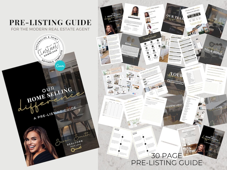 May include: A 30-page pre-listing guide for real estate agents, featuring a black and gold cover with the text "Our Home Selling Difference" and a photo of a woman. The guide includes tips on pricing, marketing, and staging a home for sale.