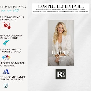 May include: A promotional image for a real estate business. The image features a woman in a white suit, the text "HARPER STONE REALTORS", and a black and white logo. The image also includes text that says "EASILY CUSTOMIZE IN CANVA" and "COMPLETELY EDITABLE".