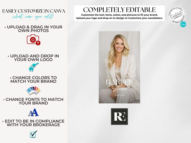 May include: A promotional image for a real estate business. The image features a woman in a white suit, the text "HARPER STONE REALTORS", and a black and white logo. The image also includes text that says "EASILY CUSTOMIZE IN CANVA" and "COMPLETELY EDITABLE".