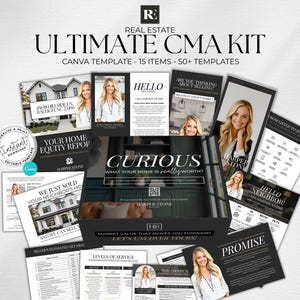 May include: A real estate marketing kit labelled "ULTIMATE CMA KIT" and "CANVA TEMPLATE". The kit contains templates with house images and a woman. The colour scheme is black, white, and grey.