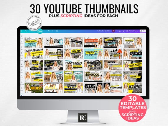Real Estate YouTube Thumbnail Templates Canva | 30 Editable Thumbnails + Video Scripts | Real Estate Agent Video Content for YouTube