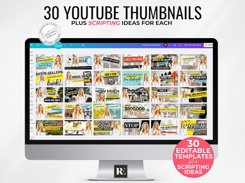 May include: A computer monitor displays 30 YouTube thumbnail templates with scripting ideas. The thumbnails feature a woman and text related to real estate topics. The image includes the text "30 YouTube Thumbnails" and "Editable Templates".