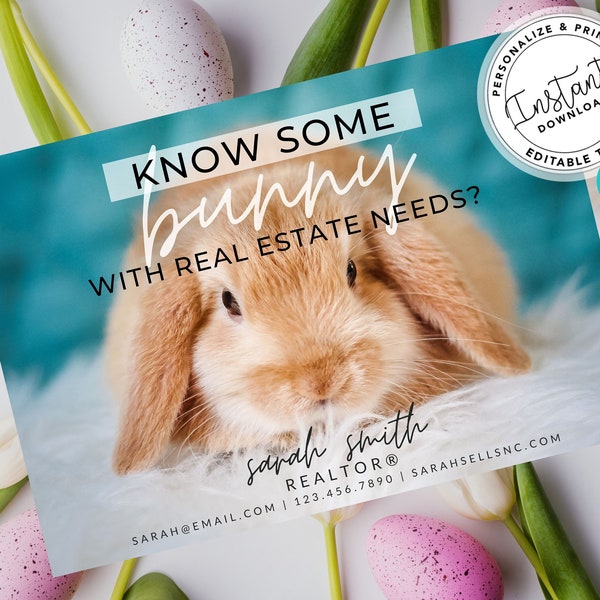 Realtor Spring Postcard, Real Estate Easter Postcard, Real Estate Marketing, Know Some Bunny Card, Spring Pop By, Canva Template, Download