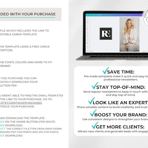 May include: A laptop displays a Canva template with a woman in a white blazer. The image includes text: "Save Time," "Stay Top-of-Mind," "Look Like an Expert," "Boost Your Brand," and "Get More Clients." Instructions are also included.