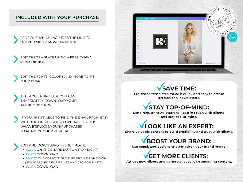 May include: A laptop displays a Canva template with a woman in a white blazer. The image includes text: "Save Time," "Stay Top-of-Mind," "Look Like an Expert," "Boost Your Brand," and "Get More Clients." Instructions are also included.