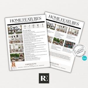 May include: Two white flyers with the text "HOME FEATURES DISTINCTIVE HOME ATTRIBUTES" and images of home interiors. The flyers include text about home features and a realtor's contact information. A round sticker with the text "INSTANT DOWNLOAD EDITABLE TEMPLATE" is in the corner.