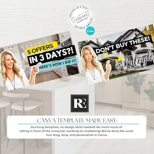 May include: A digital marketing template with the text "5 OFFERS IN 3 DAYS?!" and "DON'T BUY THESE!" featuring a woman. The template is for Canva and includes the text "CANVA TEMPLATE MADE EASY:" and the logo "R".