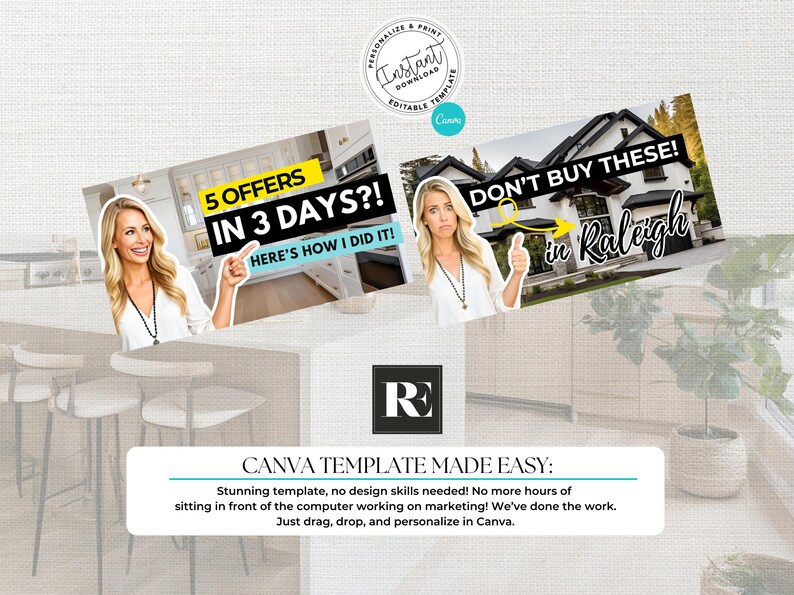 May include: A digital marketing template with the text "5 OFFERS IN 3 DAYS?!" and "DON'T BUY THESE!" featuring a woman. The template is for Canva and includes the text "CANVA TEMPLATE MADE EASY:" and the logo "R".