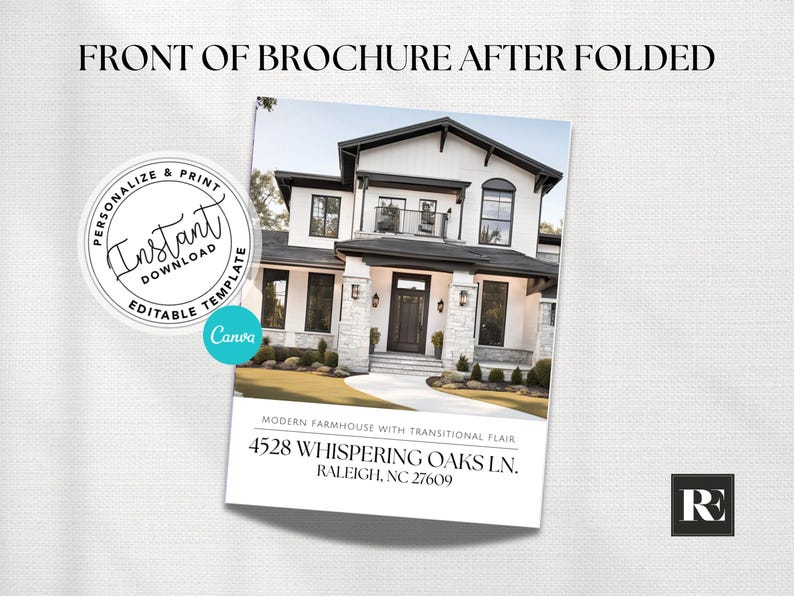K&ouml;nnte beinhalten: Eine gefaltete Brosch&uuml;re mit einem Foto eines modernen Bauernhauses mit wei&szlig;er Fassade und schwarzen Verzierungen. Der Text auf der Brosch&uuml;re lautet "Modern Farmhouse with Transitional Flair", "4528 Whispering Oaks Ln.", "Raleigh, NC 27609".