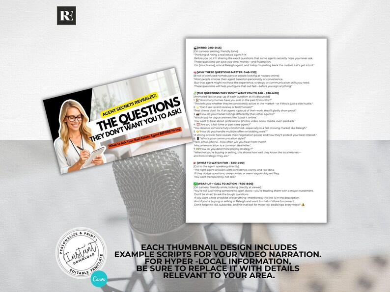 May include: A promotional image with the text "Agent Secrets Revealed: The Questions They Don't Want You to Ask!" features a woman in glasses holding a tablet. A microphone and script are also visible.