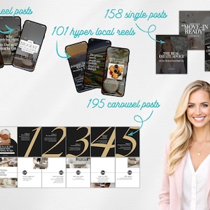 May include: Image showcasing social media content for real estate marketing. Includes phone mockups with text like "Why pricing right is the new marketing" and "The Biggest". Also features a woman in a pink blazer and text: "The Real Estate Advice".