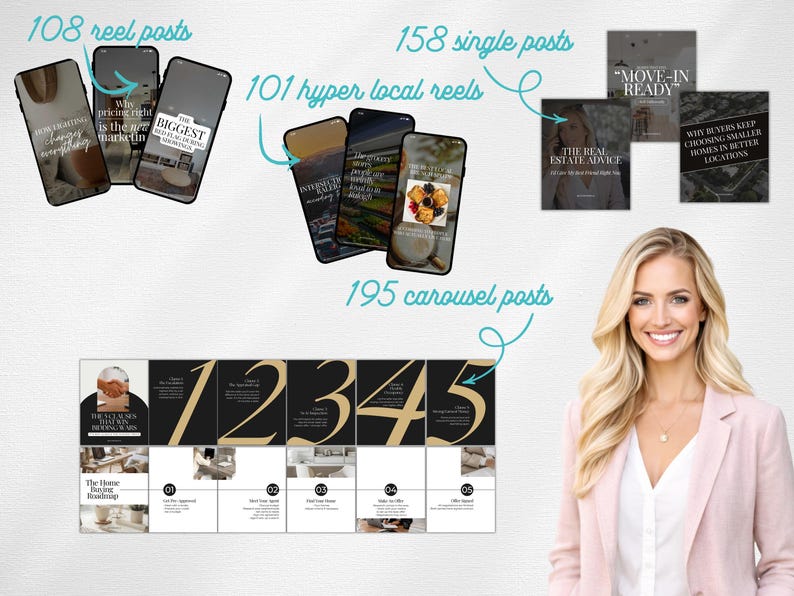 May include: Image showcasing social media content for real estate marketing. Includes phone mockups with text like "Why pricing right is the new marketing" and "The Biggest". Also features a woman in a pink blazer and text: "The Real Estate Advice".