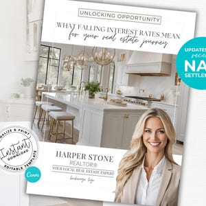 May include: A white and gold kitchen with a woman in a beige blazer smiling. The text on the page reads "Unlocking Opportunity" and "What Falling Interest Rates Mean for Your Real Estate Journey". The text also reads "Updated for Recent NAR Settlement" and "18 Page Guide".