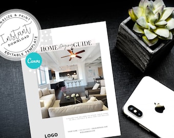May include: A white and gray guide with the text "HOME staging GUIDE" and a photo of a modern living room with a ceiling fan. The guide is for sellers to stage their home to sell quickly and sell for top dollar. The text "Canva" is visible in the lower left corner of the image.