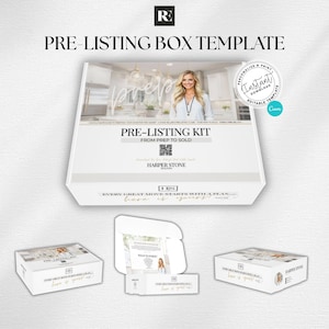May include: A white pre-listing box template with the text "PRE-LISTING BOX TEMPLATE" and "PRE-LISTING KIT FROM PREP TO SOLD". The box features an image of a woman and the words "HARPER STONE". Additional boxes and inserts are also visible.