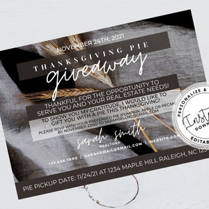 Real Estate Giveaway, Agent Pie Gift, AgentThanksgiving, Client appreciation, Real estate marketing, Editable, Canva, Instant Download