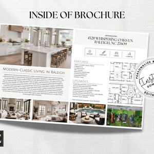 K&ouml;nnte beinhalten: Eine Immobilienbrosch&uuml;re f&uuml;r ein modernes Bauernhaus in Raleigh, North Carolina. Die Brosch&uuml;re zeigt Fotos des Innen- und Au&szlig;enbereichs des Hauses sowie einen Grundriss. Der Text hebt die Merkmale des Hauses hervor, darunter ein offener Grundriss, 4 Schlafzimmer, 4,5 Badezimmer, eine Gourmetk&uuml;che und eine ger&auml;umige Master-Suite. Die Brosch&uuml;re enth&auml;lt auch Informationen &uuml;ber die Upgrades des Hauses, wie z. B. Hartholzb&ouml;den, neutrale Farbe und Smart-Home-Integration.